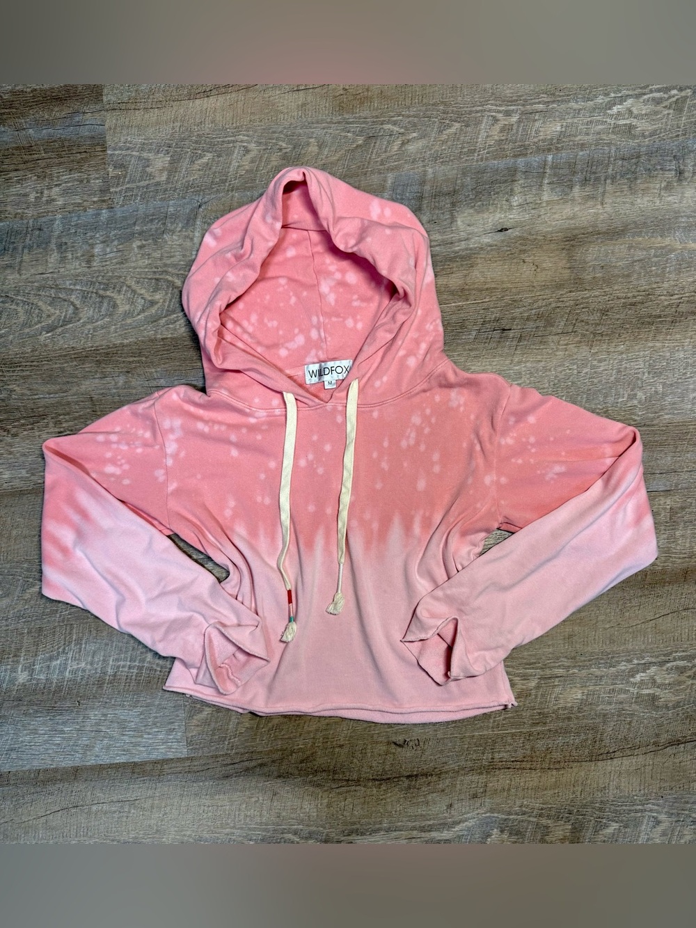 Wildfox Pink Bleach Dye Cropped Raw Hem Pullover Hoodie Size Medium